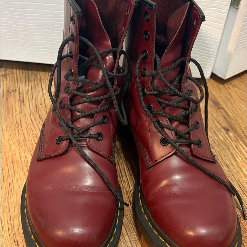 Dr. Martens Burgundy Leather Boots with Yellow Stitching